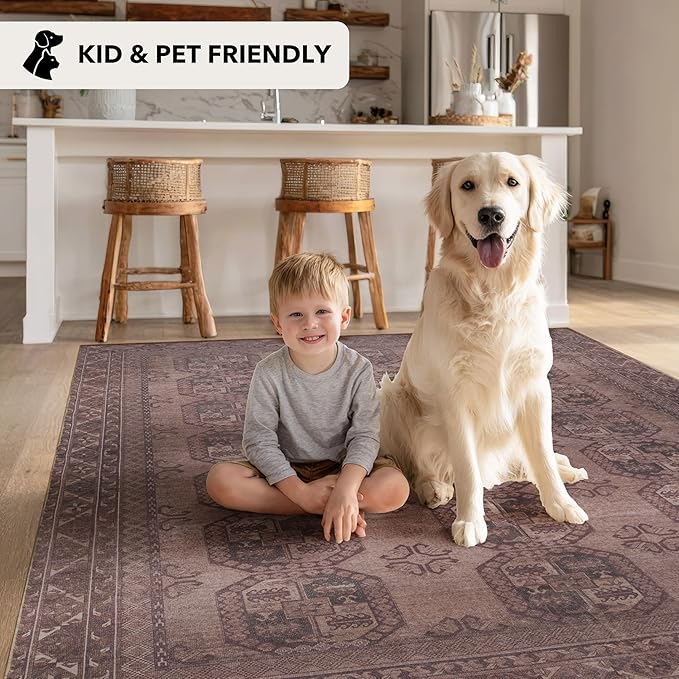 Kuden 2'6"x7' Runner Rug, Machine Washable Area Rug with Non-Slip Backing, Vintage Style, Soft, Easy Clean, Low Pile Rug for Hallway, Entryway, Kitchen, Bedroom