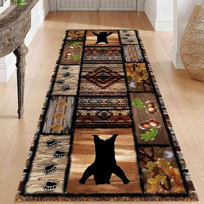 Wild Animal Bear Long Runner Rug, 2.6x10ft, Brown Geometric Stitching Non-Slip Kitchen Mat, Animal Bear and Plant Pine Cone Autumn Leaf Print Entrance Carpet, Southwest Country Style Indoor Decoration