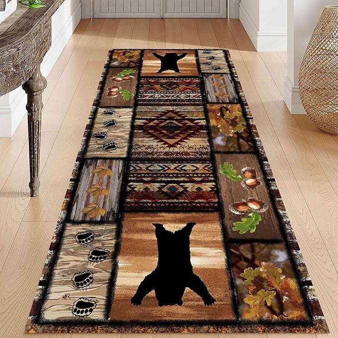Wild Animal Bear Long Runner Rug, 4x10ft, Brown Geometric Stitching Non-Slip Kitchen Mat, Animal Bear and Plant Pine Cone Autumn Leaf Print Entrance Carpet, Southwest Country Style Indoor Decoration