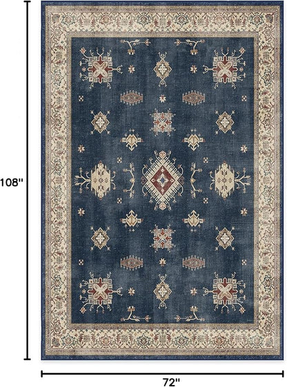 RUGGABLE Washable Vintage Area Rug – Verena Sapphire 6x9, Stain-Resistant, Non-Slip – Medium Machine Washable Rugs for Living Room, Bedroom, Hallway, Entryway & Office–with Cushioned Pad