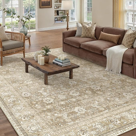 HUGEAR 5x7 Machine Washable Rugs Beige Hallway Area Rug Indoor Accent Rug Floral Low Pile Carpet Soft Throw Aesthetic Rug Bedroom Living Room Office Dining Room Kitchen Laundry Room Non Slip