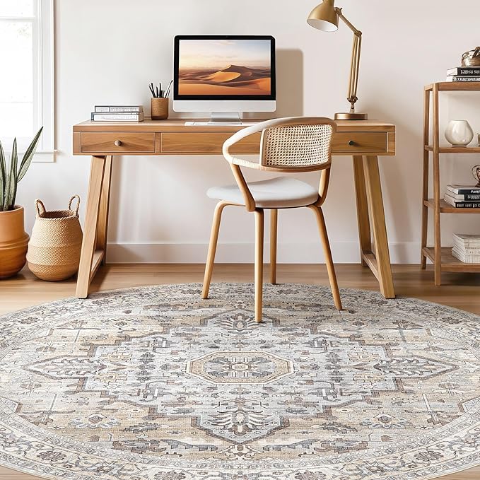Round Rug Living Room Rugs: 5Ft Washable Boho Neutral Large Circle Soft Indoor Distressed Stain Resistant Floor Farmhouse Carpet for Bedroom Nursery Kids Playroom Office Dining Room Dorm- Cream Gray