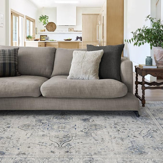 RUGGABLE Washable Vintage Area Rug – Sarrah Blue Quartz 5x7, Stain-Resistant, Non-Slip – Medium Machine Washable Rugs for Living Room, Bedroom, Hallway, Entryway & Office–with Cushioned Pad