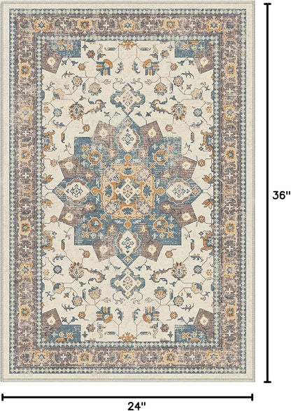 Dripex Vintage Collection Washable Area Rug - 2x3 Door Mat Small Entryway Rug Distressed Non-Slip Low-Pile Floor Carpet for Indoor Front Entrance Kitchen Bathroom Living Room Bedroom