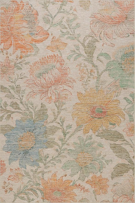 Dash & Albert Zell Multi Machine Washable Rug, 8.5 X 11.5 Feet, Multicolored/Tan Floral Pattern
