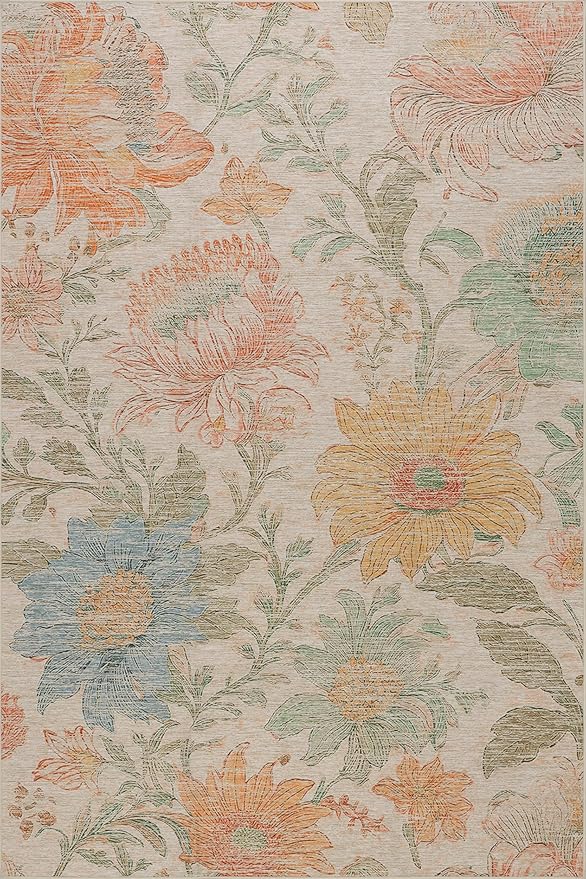 Dash & Albert Zell Multi Machine Washable Rug, 9.5 X 13.5 Feet, Multicolored/Tan Floral Pattern