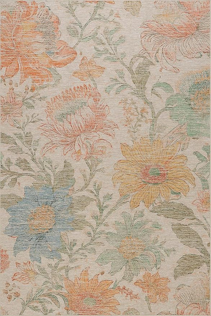 Dash & Albert Zell Multi Machine Washable Rug, 2 X 3 Feet, Multicolored/Tan Floral Pattern