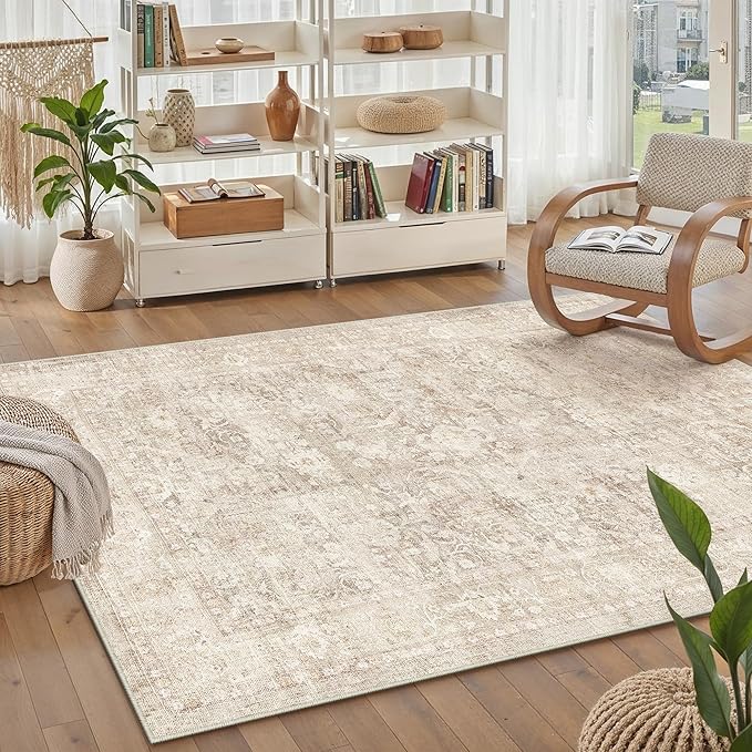 3x5 Beige Washable Area Rug for Entryway Neutral Soft Non Slip Carpet Low Pile Vintage Distressed Door Mat for Bathroom Bedroom Entrance Living Room