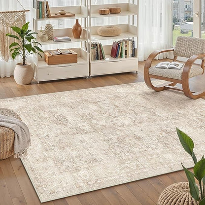 5x7 Beige Washable Area Rug for Living Room Bedroom Neutral Soft Non Slip Rug Low Pile Vintage Distressed Carpet for Dining Room Nursery Office Indoor