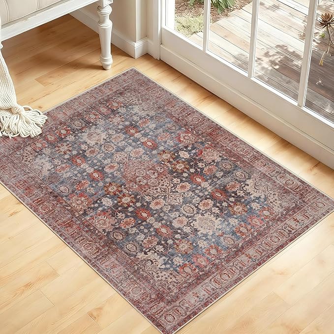 Kuden Area Rug, Machine Washable, Non-Slip Backing, Vintage Style, Soft, Low Pile, Perfect for Living Room, Bedroom, Kitchen, Dining Room - [2x3, Blue/Red/Beige]
