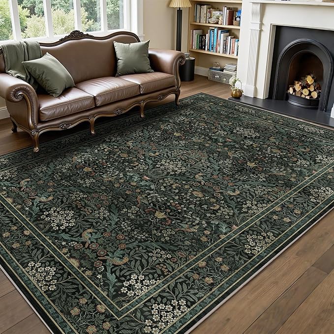 5x7 Floral Washable Area Rug for Living Room, Vintage Boho Large Rug for Bedroom Dining Room， Distressed Botanical Birds Non Slip Low Pile Forest Animal Throw Carpet for Farmhouse Office, Dark Green