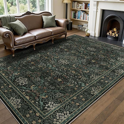5x7 Floral Washable Area Rug for Living Room, Vintage Boho Large Rug for Bedroom Dining Room， Distressed Botanical Birds Non Slip Low Pile Forest Animal Throw Carpet for Farmhouse Office, Dark Green