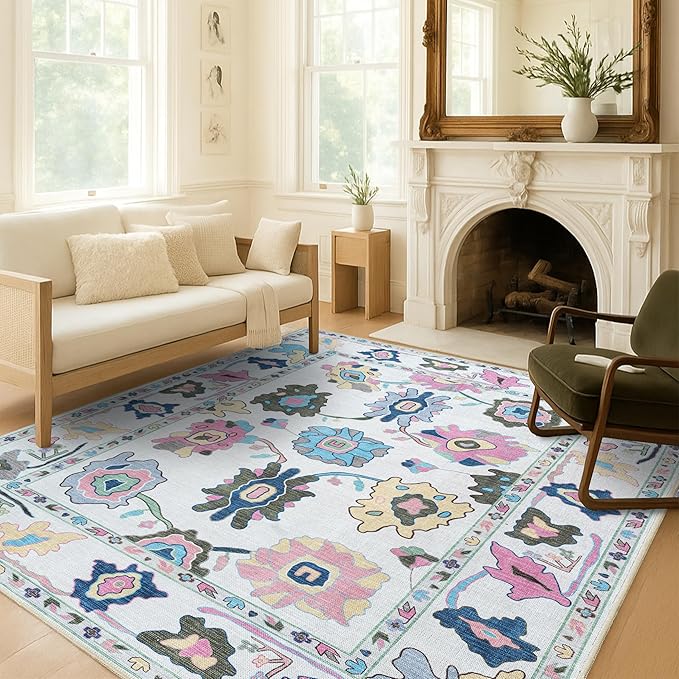 Fame Living Colorful Oushak Runner Rug, Modern Runners, Turkish, Eclectic, Floral, Pastel, Washable, Small Throw Rugs, Short Runner for Hallway, Entryway, Foyer, Bedroom, Kitchen, Bathroom, 2'5"x6'5"
