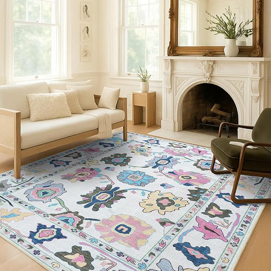 Fame Living Colorful Oushak Rug, Modern, Vintage, Turkish, Eclectic, Floral, Pastel, Washable, Area Rugs for Living Room, Dining, Bedroom, Office, Entryway, Foyer, Playroom, Nursery, 5'x6'9"