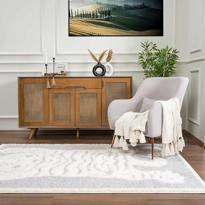 Hauteloom Zane Living Room, Bedroom Area Rug - Farmhouse - Plush Pile - Light Gray, Cream - 6'7" x 9'