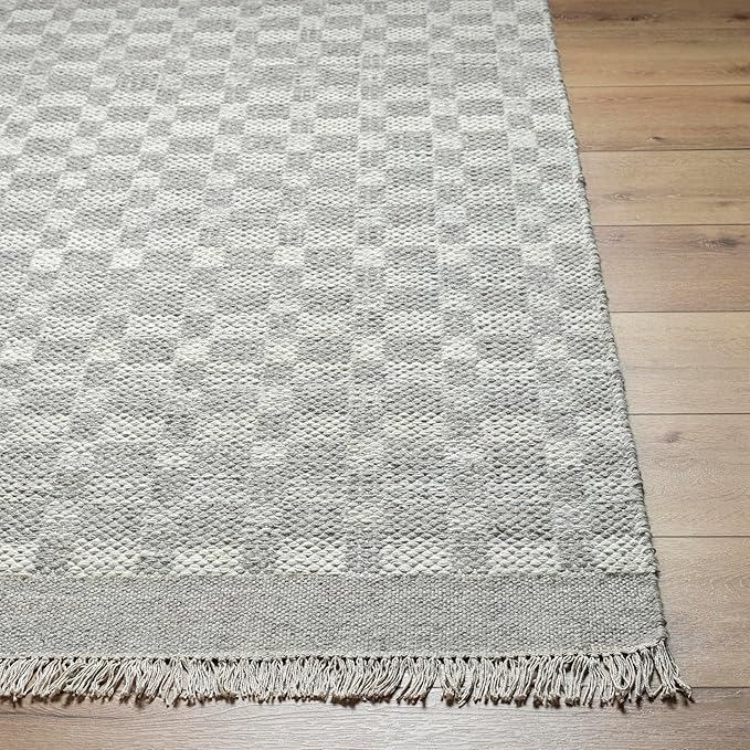 Mark&Day Wool Rugs, 9x12 Clinten Solid and Border Ivory Checkered Rug, Ivory Carpet for Living Room, Bedroom or Kitchen (8'10" x 12')