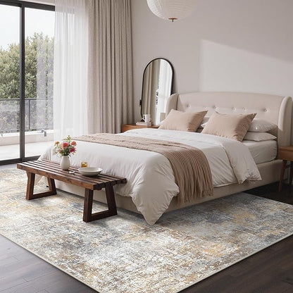 Bavni 9x12 Area Rugs Machine Washable Rug for Living Room, Modern Printed Rug Indoor Soft Area Rug for Bedroom Dining Room, Ultra-Thin Low Pile Carpet with Non Slip Rubber Backing, Ocher Gray