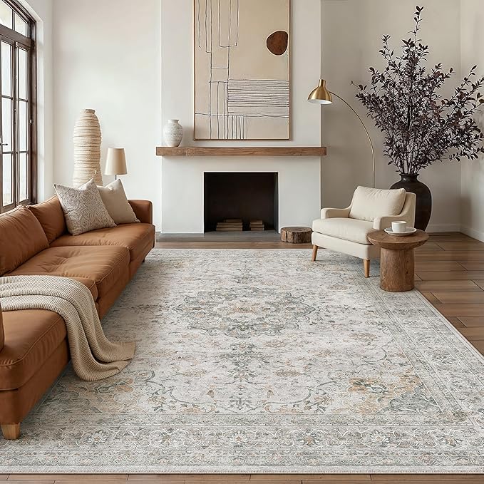 6x9 Washable Vintage Area Rug for Living Room Bedroom Soft Tranditional Non Slip Large Throw Rug Lightweight Floral Low Pile Distressed Carpet Office Playroom Dinning Laundry Room