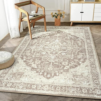 Bloom Rugs Washable Non-Slip 6' x 9' Rug - Light Brown Traditional Medallion Area Rug for Living Room, Bedroom, Dining Room, and Kitchen - Exact Size: 6' x 9'