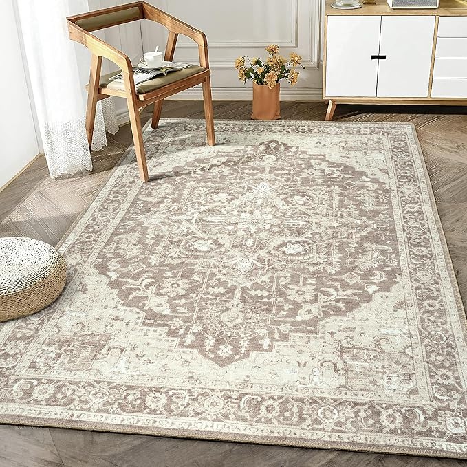 Bloom Rugs Washable Non-Slip 5' x 7' Rug - Light Brown Traditional Medallion Area Rug for Living Room, Bedroom, Dining Room, and Kitchen - Exact Size: 5' x 7'