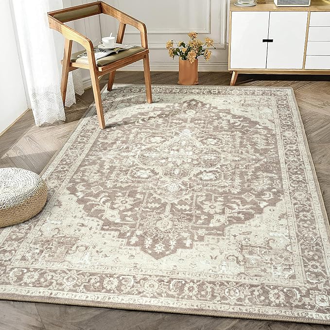 Bloom Rugs Washable Non-Slip 4' x 6' Rug - Light Brown Traditional Medallion Area Rug for Living Room, Bedroom, Dining Room, and Kitchen - Exact Size: 4' x 6'