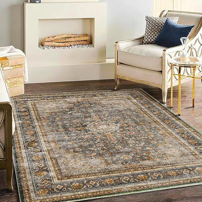 Area Rug 6'x9' Washable Vintage Traditional Floor Cover Thin Retro Kitchen Indoor Distressed Non Slip Carpet for Living Room Bedroom Dining Room