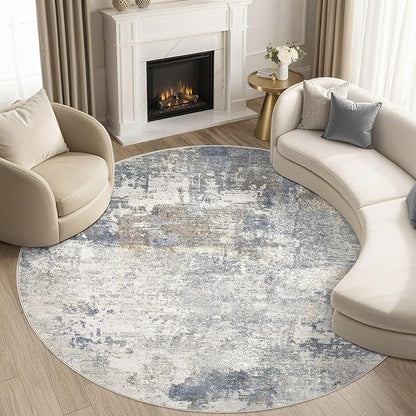 6ft Round Area Rug Living Room Rugs - 6x6 Washable Neutral Modern Abstract Soft Thin Rug Indoor Floor No Slip Rug Carpet for Bedroom Under Dining Table Home Office Decor - Blue Grey