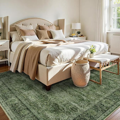 6x9 Green Washable Rug for Living Room Large Vintage Distressed Bedroom Rug Low Pile Non-Slip Soft Boho Carpets for Bedroom Dining Room Home Office Indoor Nursery