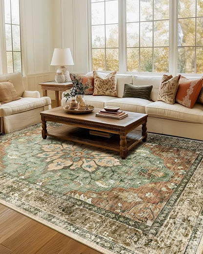 Area Rugs Square 8ft Washable Non-Slip, Floral Vintage Distress Print Pattern Medallion Carpet for Living Room Bedroom Dining Room, Brick Red Rust Neutral Brown Burnt Orange Green