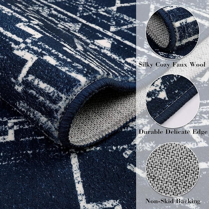 Wonnitar Moroccan Washable Area Rug 4x6, Blue Rugs for Living Room, Non-Slip Boho Bedroom Throw Mat, Non-Shedding Large Geometric Low Pile Floor Carpet for Home Office Mudroom Kitchen (Blue,4'x6')