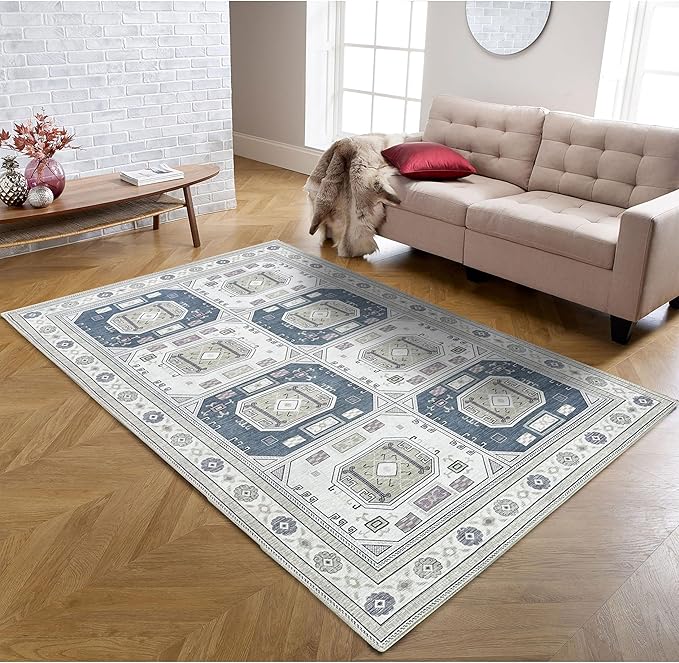 Fame Living Faded Oushak Rug, Turkish Vintage Floral Pastel Large Oversized Area Rugs for Living Room Dining Bedroom Kitchen Bathroom Nursery (848CrNv, 9' x 12')