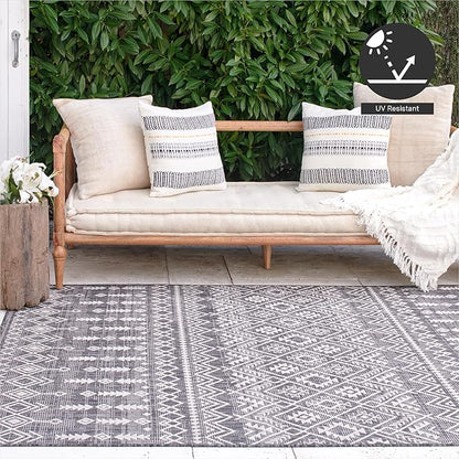 FH Home Flat Woven Outdoor Rug - Waterproof, Easy to Clean, Stain Resistant - Premium Polypropylene Yarn - Boho Moroccan - Patio, Porch, Deck, Balcony - Dakar - Charcoal - 5ft 2in x 7ft 6in