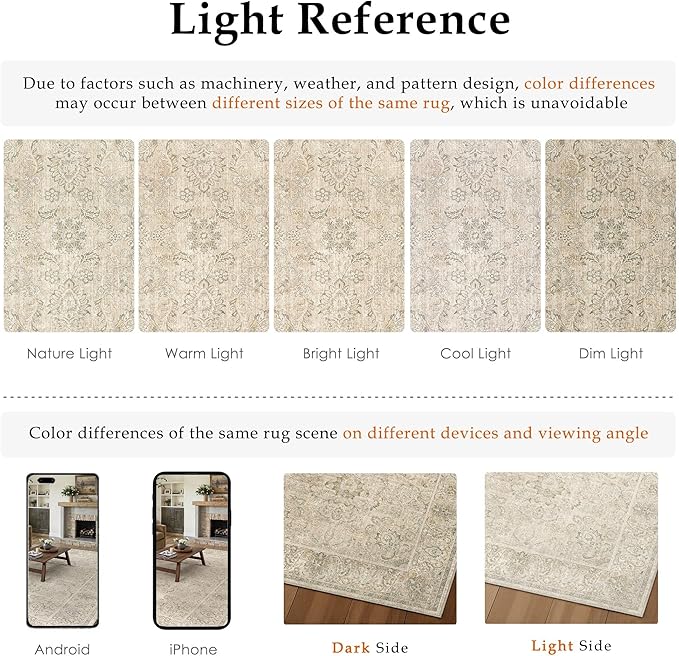 HUGEAR 9x12 Machine Washable Area Rugs Vintage Beige - Neutral Living Room Bedroom Rug Non Slip Stain Resistant Low Pile Aesthetic Throw Carpet Kids & Pet Friendly