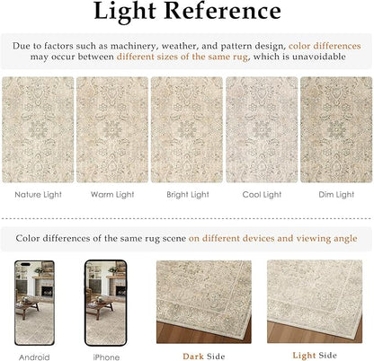 HUGEAR 5x7 Machine Washable Area Rugs Vintage Beige - Neutral Living Room Bedroom Rug Non Slip Stain Resistant Low Pile Aesthetic Throw Carpet Kids & Pet Friendly