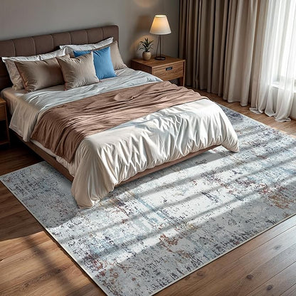 GLN Rugs Contemporary Collection - Machine Washable Area Rug, Contemporary Washable, Non Slip, Low Pile Chenille Rug, Living Room, Bedroom, Kitchen Rug (9' x 12' White/Grey/Blue/Brown)