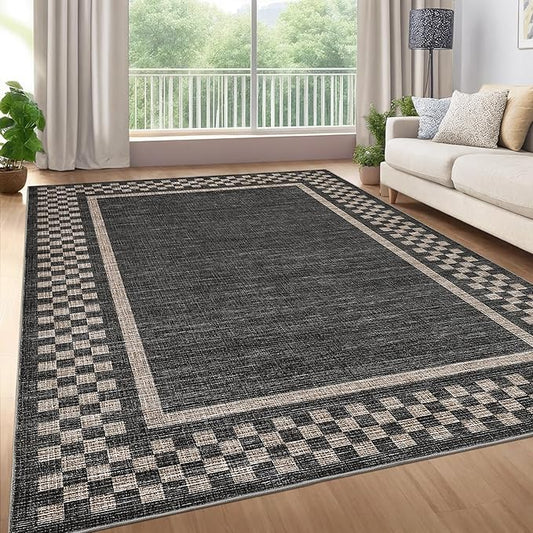 GarveeHome Modern Bordered 9x12 Area Rugs for Living Room Bedroom Soft Washable Large Bedroom Throw Carpet Non Slip Checkered Geometric Rugs for Dining Room Home Decor Office, Black