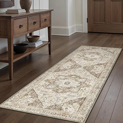 Brown Hallway Runner Rug 2x7 Vintage Washable Distressed Area Carpet Kitchen Indoor Non Slip Long Traditional Medallion Retro Accent Throw Rug for Bedroom Laundry Office Dining Living Room