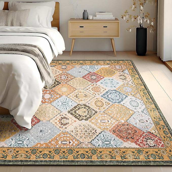 Phantoscope Washable Area Rug 4'x6' Non-Slip, Vintage Boho Rugs for Living Room, Bedroom, Dining Room, Distressed Moroccan Mosaic Diamond Pattern, Low-Pile Foldable Floor Carpet, Terracotta/Rust