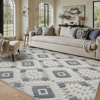 Ivory Grey 5x7 Area Rug Washable Living Room Moroccan Shag Carpet Non Slip Soft Neutral Boho Plush Pile Large Throw Rug for Kitchen Office Dining Room Bedroom Laundry