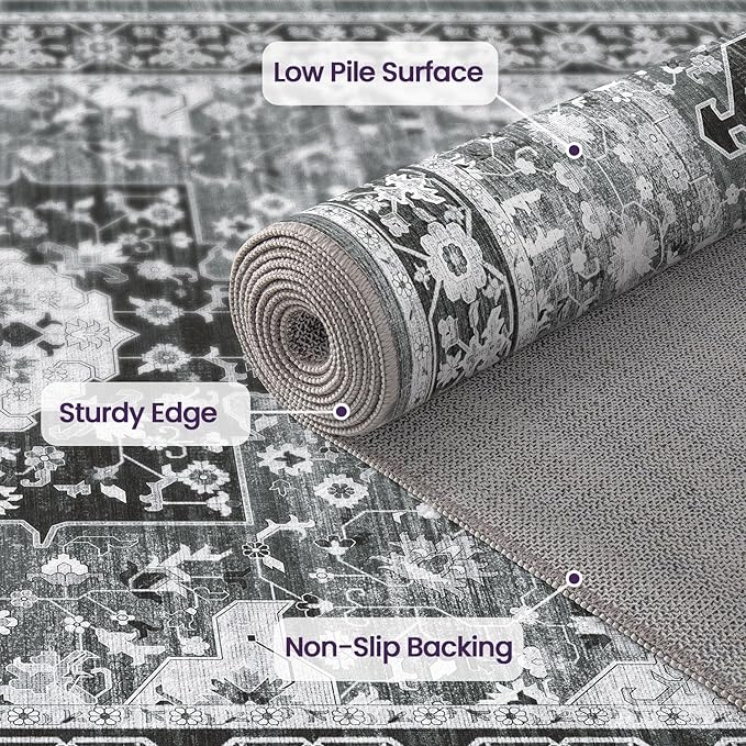 DEXI 6x9 Area Rug for Living Room, Washable Vintage Farmhouse Thin Rug Indoor Floor, Non Slip Stain Resistant Low Pile Carpet for Dining Room Bedroom Office, White Grey