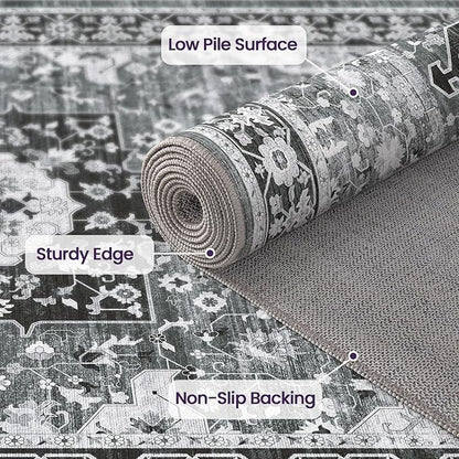 DEXI 6x9 Area Rug for Living Room, Washable Vintage Farmhouse Thin Rug Indoor Floor, Non Slip Stain Resistant Low Pile Carpet for Dining Room Bedroom Office, White Grey