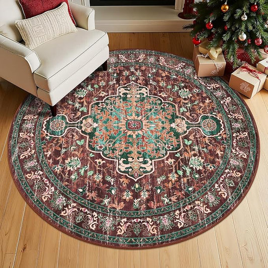 U'Artlines Boho Vintage Round Area Rug 4ft Machine Washable Low Pile Soft Floor Carpet Non Slip Non Shedding Accent Rug for Living Room Bedroom Entryway Dining Room Office Rust＆Teal