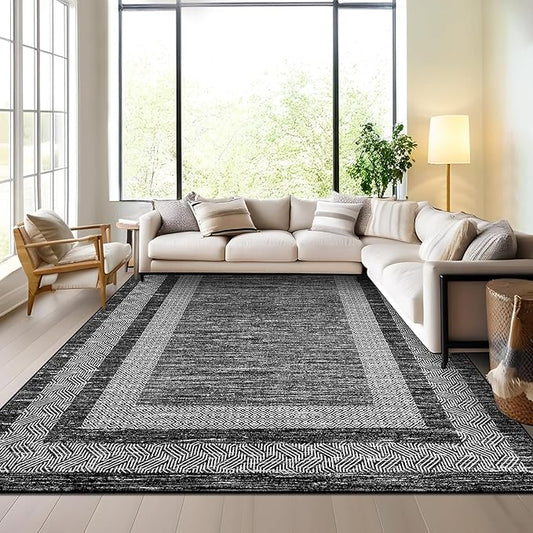 GarveeHome Washable Rug 5x7 Modern Bordered Rug with Non Slip Rubber Backing, Low Pile Thin Carpet, Soft Non Shedding Floor Covering, Foldable Printed Carpet for Living Room Bedroom, Black