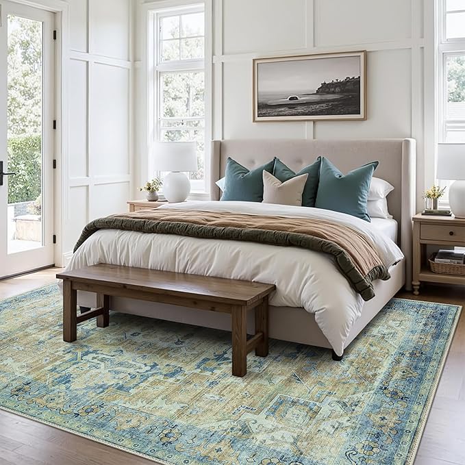 GENIMO Machine Washable 8x10 Area Rugs for Living Room, Non Slip Vintage Rugs, Low Pile Lightweight Chenille Print Rug for Bedroom, Dining Room, Home Office, Fade Blue