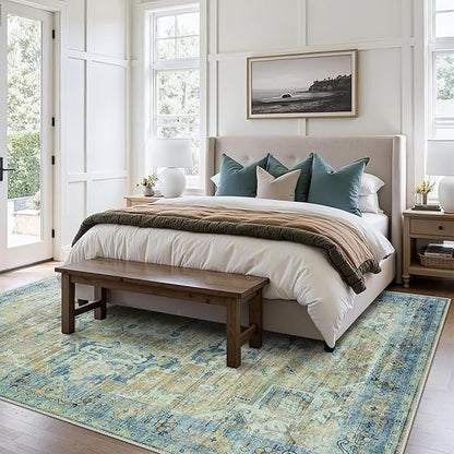 GENIMO Machine Washable 8x10 Area Rugs for Living Room, Non Slip Vintage Rugs, Low Pile Lightweight Chenille Print Rug for Bedroom, Dining Room, Home Office, Fade Blue