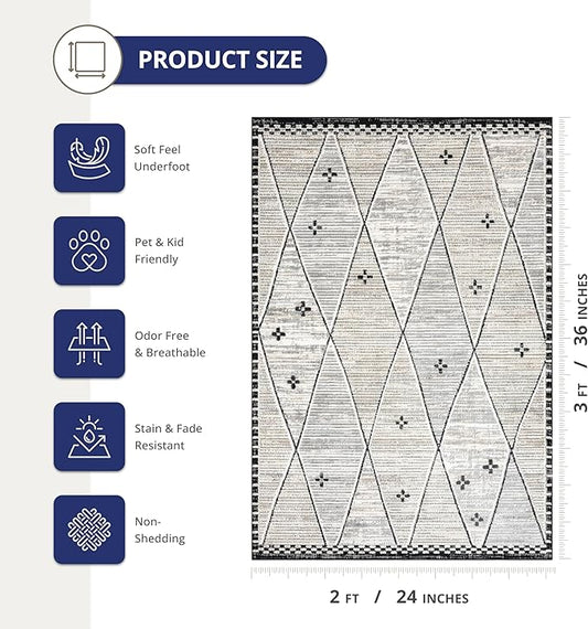 Abani Viva Cream & Grey Area Rug 2' x 3' for Living Room, Bedroom - Farmhouse Diamond Pattern - Durable & Easy to Clean