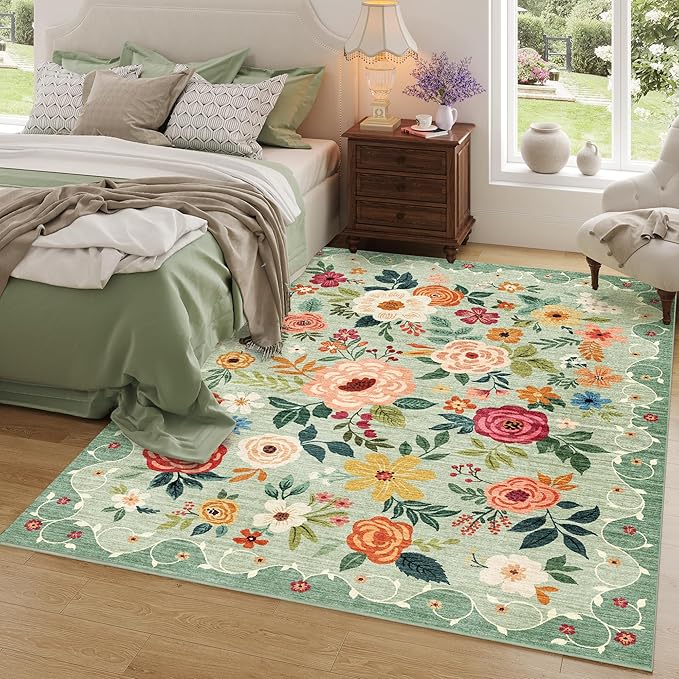 DUKINO 8x10 Area Rug, Floral Rugs for Living Room, Lightweight Non Slip Washable Rug, Indoor Low Pile & Non-Shedding Boho Design Rugs for Bedroom, Living Room, Dining Room, Green