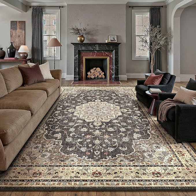 HUGEAR Machine Washable Area Rugs 8x10 Vintage Black Large Living Room Bedroom Rug Neutral Style Non Slip Stain Resistant Low Pile Throw Carpet for Home Retro Aesthetic Modern Decor