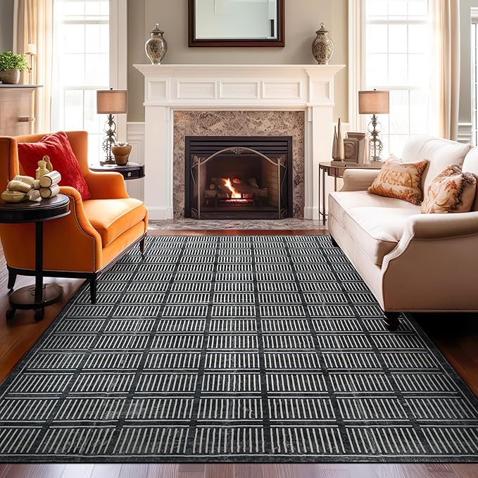 Rugshop Bohemian Stripe Lines Washable Non Slip Area Rug 8' x 10' Black