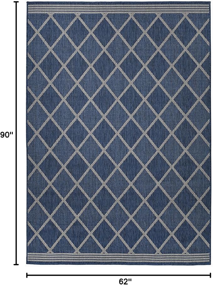 FH Home Flat Woven Outdoor Rug - Waterproof, Easy to Clean, Stain Resistant - Premium Polypropylene Yarn - Moroccan Geometric Lattice - Patio, Porch, Deck, Balcony - Tunis - Blue - 5ft 4in x 7ft 6in